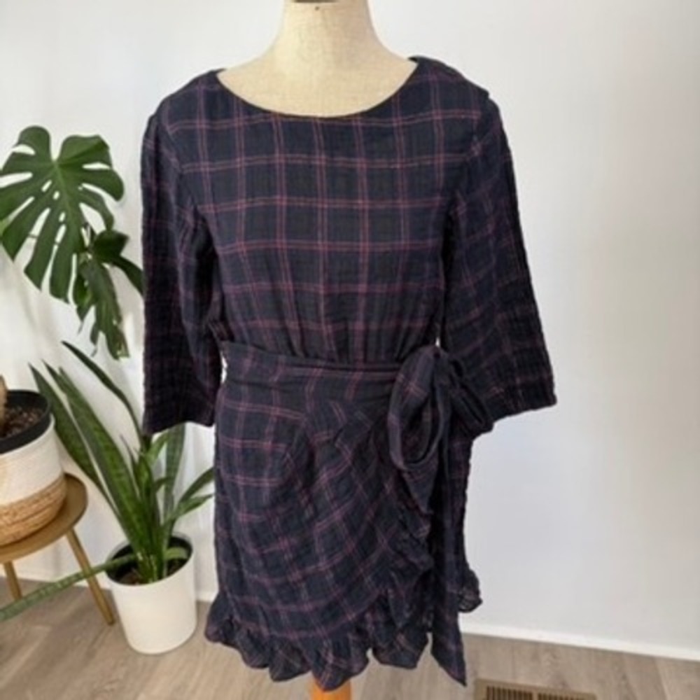 La Vie Rebecca Taylor Plaid Mini Dress Womens XS Navy Blue Ruffle‎ Wrap Metallic